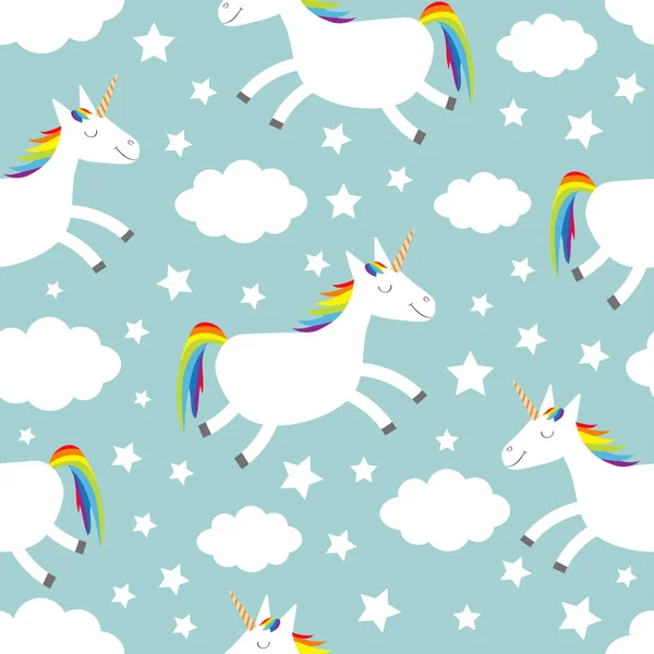 Unicorn hoppning. Cloud Star på himlen. Sömlöst mönster. Söt tecknad kawaii rolig leende bebis karaktär. Omslagspapper, textil mall. Plantskola dekoration blå bakgrund flat design — Stock vektor