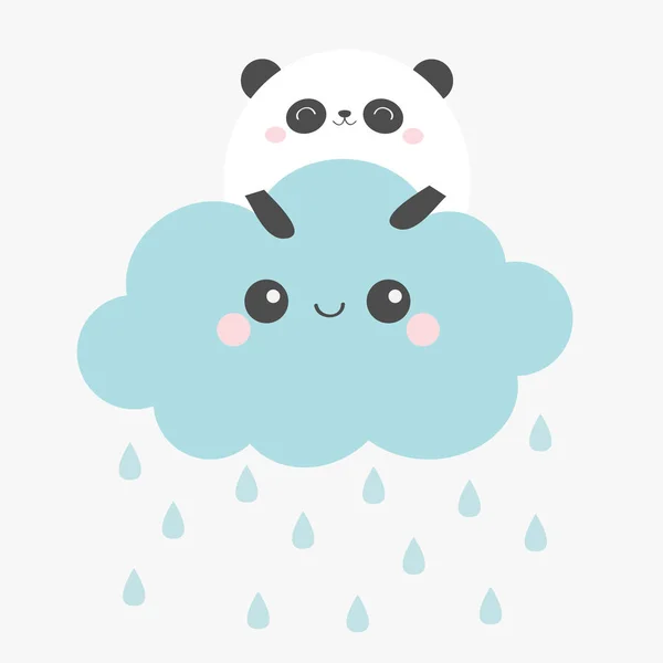 Panda Bear Face Holding Cloud på himlen. Regndroppe. Söt tecknad kawaii rolig leende bebis karaktär. Plantskola dekoration. Kids Print. Vit bakgrund. Platt design. — Stock vektor