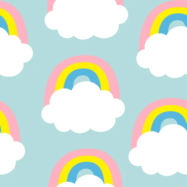 Wolke bunten Regenbogen. nahtloses Muster. niedlichen Karikatur kawaii lustige Baby-Kinder-Dekor. Packpapier, Textilschablone. Baumschuldekoration. blauer Hintergrund. flache Bauweise. — Stockvektor