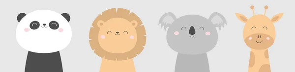 Koala Panda niedźwiedź żyrafa lew twarz głowy zestaw ikon. Kawaii zwierzę. Cute cartoon charakter. Śmieszne Baby Kids druku. Miłość karty okolicznościowe. Płaska konstrukcja. Białe tło. Izolowane. — Wektor stockowy