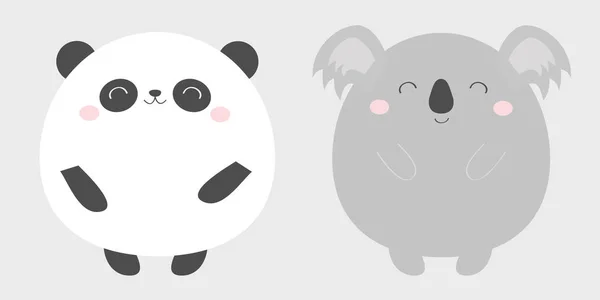 Panda Koala urso rodada conjunto de ícones. Preto e branco. Animal Kawaii. Personagem de desenho animado bonito. Cara de bebé engraçada com olhos, nariz, orelhas. Impressão infantil. Cartão de boas-vindas. Design plano. Fundo cinzento . — Vetor de Stock