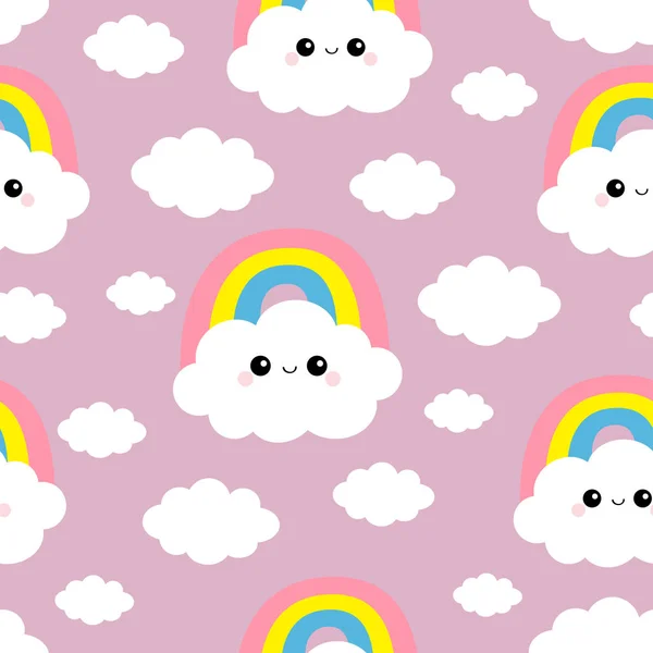 Patrón sin costuras. Nube arco iris. Cabeza de cara graciosa. Lindo personaje de dibujos animados kawaii bebé divertido. Decoración para niños. Papel de envolver, plantilla textil. Decoración de vivero. Fondo violeta. Diseño plano . — Archivo Imágenes Vectoriales