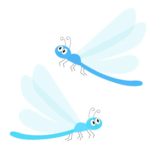 Dragonfly icon set. Cute cartoon kawaii funny character. Blue dragon fly Insect. Big eyes. Smiling face, horns. Baby kids clip art. Flat design. White background. Isolated. — Stock Vector