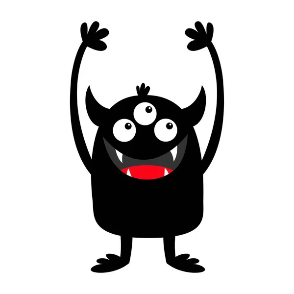 Monster black silhouette icon. Three eyes, teeth fang, horns, boo hands up. Cute kawaii cartoon funny character. Happy Halloween. Baby kids collection. White background. Isolated. Flat design. — Stock Vector