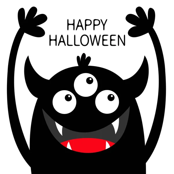 Feliz Halloween. Silueta negra con cabeza de monstruo. Tres ojos, colmillos de dientes, cuernos, manos arriba. Lindo personaje divertido de dibujos animados kawaii. Colección de niños bebé. Diseño plano. Fondo blanco. Aislado . — Archivo Imágenes Vectoriales