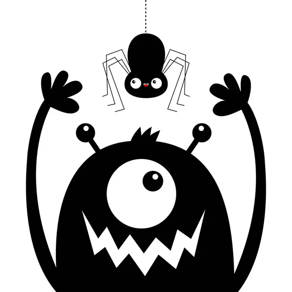 Monstro cabeça rosto silhueta preta. Aranha pendurada. Um olho, dentes na boca, chifres, mãos para cima. Bonito kawaii desenho animado engraçado personagem do bebê. Feliz Halloween.Flat design. Fundo branco . — Vetor de Stock