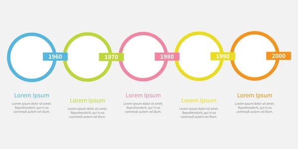 Pětistupňkové časové ose Infographic. Barevné kruhy a řetízek s obdélníkem. Šablony. Plochý design. Bílé pozadí. Izolované. — Stockový vektor