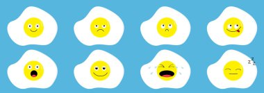 Kızarmış yumurta simgesi emoji set hattı. Komik kawaii çizgi film karakterleri. Duygu koleksiyonu. Mutlu, şaşırmış, gülümseyen ağlayan üzgün kızgın yüz kafası. Gıda kahvaltı Düz tasarım Mavi arka plan