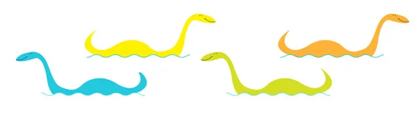 Loch Ness Nessy criatura ficticia gran línea de set. Monstruo acuático con ojo, cola Natación flotante Océano mar ola. Forma de dinosaurio Divertido Lindo personaje de dibujos animados Colección de bebé Fondo blanco plano — Archivo Imágenes Vectoriales