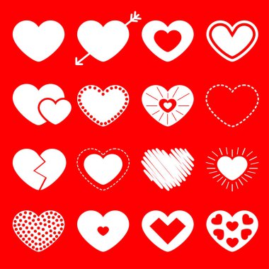 Beyaz kalp büyük simge seti. Sevgililer Günü işaret şablonu kutlu olsun. Farklı şekillerde. Ok, çizgi çizgisi. Kağıt ve karalama çizgisi etkisi. Düz dizayn. Tebrik kartına bayılırım. İzole edilmiş Kırmızı arkaplan.
