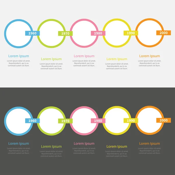 Série d'infographie chronologique en cinq étapes. Cercles colorés et chaîne rectangle. Un modèle. Design plat. Fond blanc noir. Isolé . — Image vectorielle