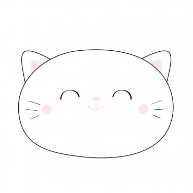 Kedi gülümseyen baş yüz. Doğrusal siluet simgesi. Kontur hattı. Sevimli çizgi film kitty karakter. Kawaii hayvanı. Komik yavru kedi yavrusu. Love Tebrik kartı. Düz tasarım. Beyaz arka plan. Izole.