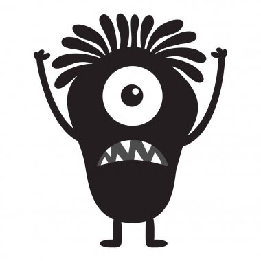 Canavar siyah siluet. Sevimli karikatür kawaii korkunç komik karakter. Bebek koleksiyonu. Bir gözü, dişleri, elleri yukarı, saç. Beyaz arka plan. Izole. Cadılar Bayramınız Kutlu Olsun. Düz tasarım.