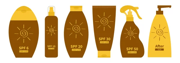 Tube Sonnencreme-Ikone. nach Sonnencreme. Flaschensatz. Sonnenschutz. spf 6 15 20 30 50 Lichtschutzfaktor. uva uvb Sonnencreme. weißer Hintergrund. flache Bauweise. — Stockvektor