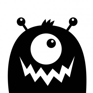 Canavar kafa siyah siluet. Tek göz, diş dişi ağız, boynuzlar. Sevimli Kawaii karikatür komik karakter. Cadılar Bayramınız Kutlu Olsun. Bebek çocukları koleksiyonu. Beyaz arka plan. Izole. Düz tasarım.