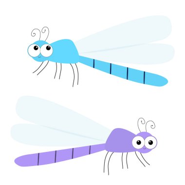 Dragonfly simge seti. Sevimli karikatür Kawaii komik karakter. Mavi menekşe ejderha sinek böcek. Büyük gözler. Gülümseyen yüz, boynuzlar. Bebek çocuklar küçük resim. Düz tasarım. Beyaz arka plan. Izole.