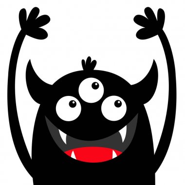 Canavar kafa siyah siluet. Üç göz, diş dişi, boynuz, eller yukarı. Sevimli Kawaii karikatür komik karakter. Cadılar Bayramınız Kutlu Olsun. Bebek çocukları koleksiyonu. Düz tasarım. Beyaz arka plan. Izole.