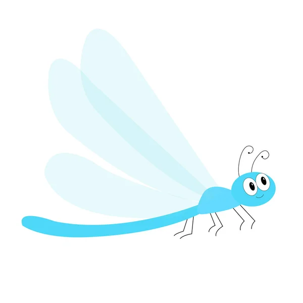 Icono de libélula. Lindo personaje divertido kawaii de dibujos animados. Blue dragon fly Insect (en inglés). Grandes ojos. Sonriendo cara, cuernos. Niños bebé clip de arte. Fondo blanco. Aislado. Diseño plano . — Archivo Imágenes Vectoriales