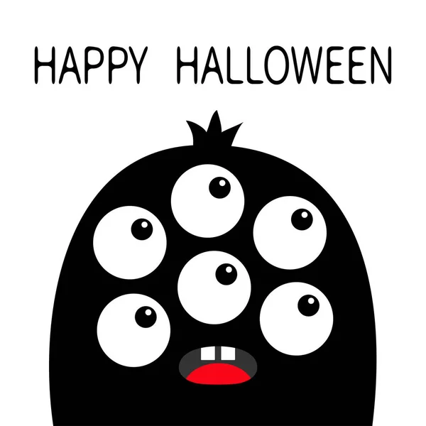 Happy Halloween. Monster head black silhouette. Six eyes, teeth, tongue. Cute kawaii cartoon funny character. Baby kids collection. White background. Isolated. Flat design. — Stock Vector