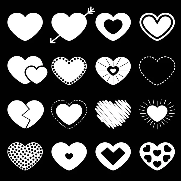 White heart big icon set. Different shape. Arrow, dash line. Paper and scribble line effect. Happy Valentines day sign symbol template. Flat design. Love greeting card Isolated Black background — Stock Vector