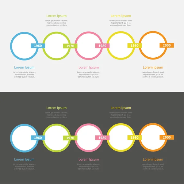 Série d'infographie chronologique en cinq étapes. Cercles colorés et chaîne rectangle. Un modèle. Fond blanc noir. Isolé. Conception plate . — Image vectorielle