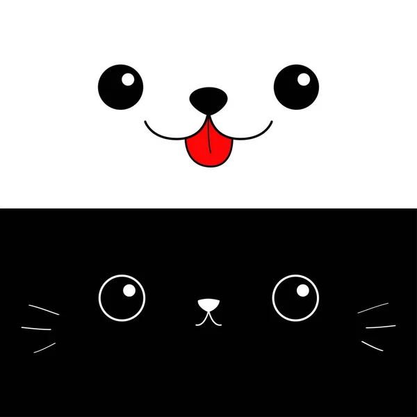 Chat Chien yeux, nez, moustaches, langue. Mignon personnage de chat kawaii dessin animé. Ensemble d'icônes visage tête silhouette. Ligne de contour animal. Bébé chaton drôle. Carte d'amour. Design plat. Fond blanc noir — Image vectorielle