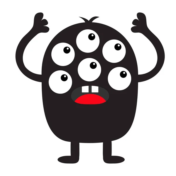 Monster schwarze Silhouette. niedlichen Karikatur kawaii beängstigend lustige Figur. Babykollektion. viele Augen, Zunge, Hände hoch. weißer Hintergrund. Vereinzelt. fröhliches Halloween. flache Bauweise. — Stockvektor