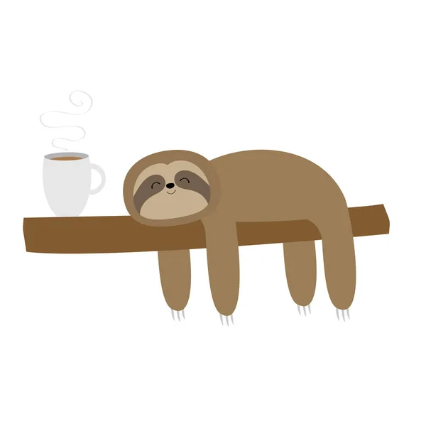 Sloth dort sur une branche d'arbre. J'adore boire une tasse de café. Mignon personnage drôle de dessin animé paresseux kawaii. Ralentir. Collection d'animaux sauvages. Isolé. Fond blanc. Conception plate . — Image vectorielle