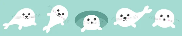 Juego de cachorros de foca bebé arpa. Ice-hole Lindo personaje divertido de dibujos animados kawaii. Fondo azul. Aislado. Diseño plano . — Archivo Imágenes Vectoriales