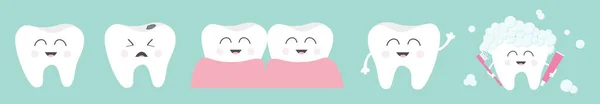 Healthy smiling white tooth icon set line. Toothbrush toothpaste bubble foam. Crying bad ill teeth.Before after concept. Cute character set. Oral dental hygiene. Baby background. Flat design. — Stock Vector