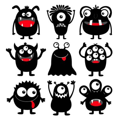 Canavar siyah yuvarlak siluet simgesi ayarlayın. Gözler, dil, diş dişleri, eller yukarı. Sevimli karikatür kawaii korkunç komik bebek karakteri. Cadılar Bayramınız Kutlu Olsun. Beyaz arka plan. Düz tasarım.