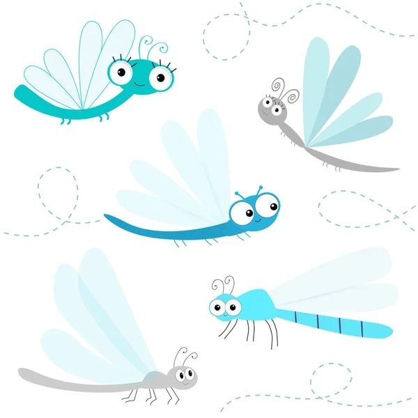 Dragonfly grande conjunto de ícones. Bonito desenho animado kawaii personagem engraçado. Dragão azul mosca inseto. Olhos grandes. Cara sorridente, chifres. Miúdos bebés cortam arte. Design plano. Isolado. Fundo branco . — Vetor de Stock