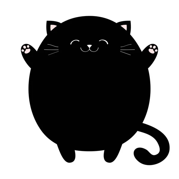 猫は抱き合う準備ができています。黒丸脂肪ペットアイコン。オープンハンドピンクの足プリント。キティはハグに手を伸ばす。おかしいカワイイ動物。ベビーカードかわいい漫画のキャラクター。フラットなデザイン。白い背景 — ストックベクタ