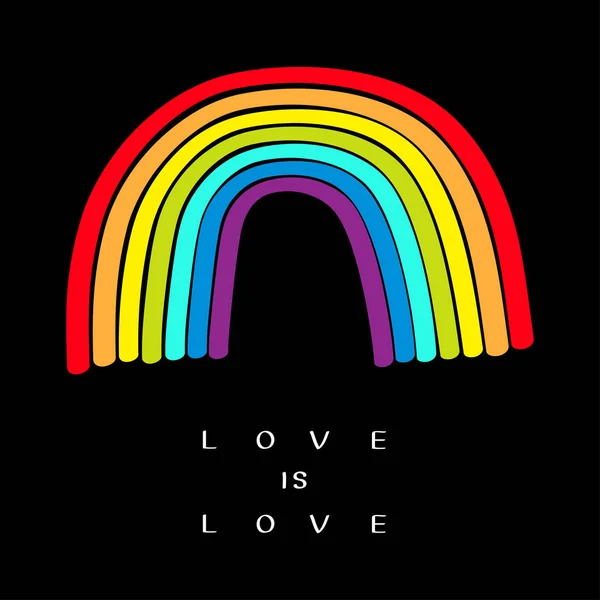 Rainbow on black background. Love is love text quote. Colorful line set. Greeting card. LGBT community. Flat design. — Stock Vector