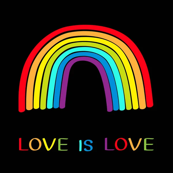 Arco iris sobre fondo negro. Colorido juego de líneas. Tarjeta de felicitación. El amor es cita de texto de amor. Comunidad LGBT. Diseño plano . — Archivo Imágenes Vectoriales
