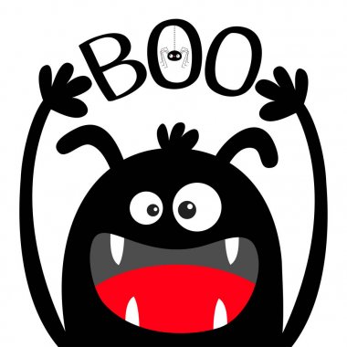 Cadılar Bayramınız Kutlu Olsun. Canavar kafa siyah siluet. Gözler, kulakları, diş dişi, dil, eller yukarı. Kısa mesaj. Asılı örümcek. Sevimli karikatür Kawaii komik bebek çocuk karakter. Düz tasarım. Beyaz arka plan.