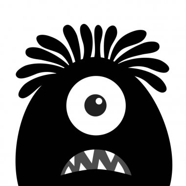 Canavar kafa siyah siluet. Tek göz, saç, diş dişi. Cadılar Bayramınız Kutlu Olsun. Sevimli karikatür Kawaii komik karakter. Bebek çocukları koleksiyonu. Düz tasarım. Beyaz arka plan.