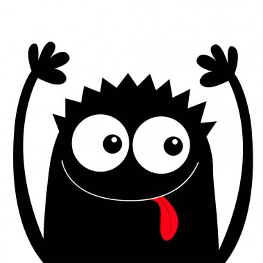 Canavar kafa siyah siluet. Cadılar Bayramınız Kutlu Olsun. İki göz, saç, dilini gösterme, eller yukarı. Sevimli karikatür Kawaii komik karakter. Bebek çocukları koleksiyonu. Düz tasarım. Beyaz arka plan.