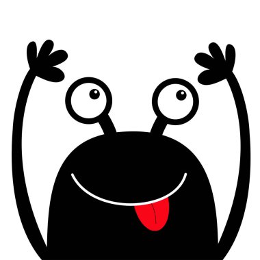 Canavar kafa siyah siluet. Cadılar Bayramınız Kutlu Olsun. İki göz, dil gösteren yüz, eller yukarı. Sevimli karikatür Kawaii komik karakter. Bebek çocukları koleksiyonu. Düz tasarım. Beyaz arka plan.