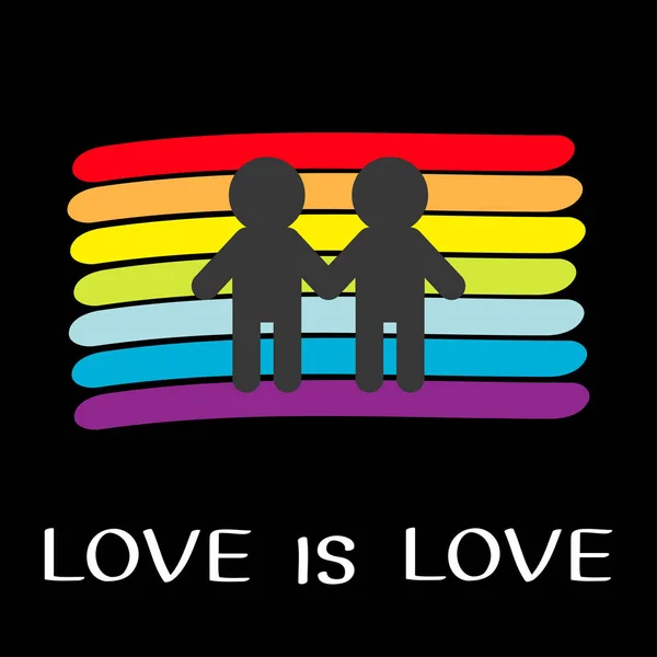 Regenboog vlag achtergrond. LGBT Gay symbool. Liefde is liefde. Twee jongen man huwelijk teken. Kleurrijke lijn set. Plat ontwerp. Zwarte achtergrond. — Stockvector