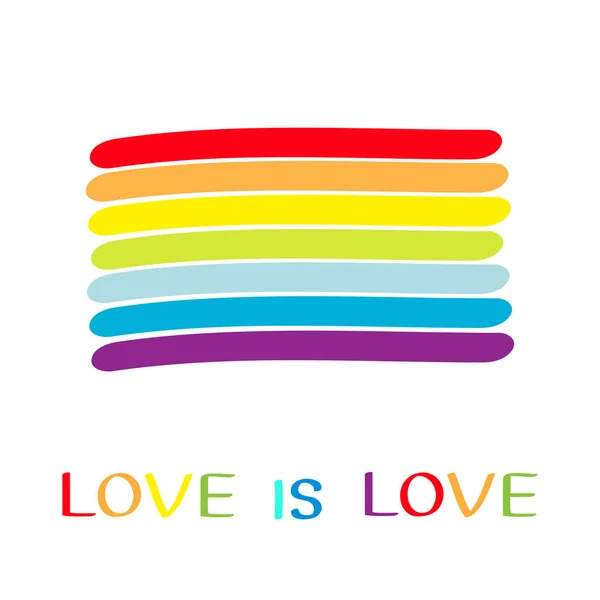 Rainbow flag. Love is love text quote. LGBT gay symbol. Colorful line set. Flat design. White background. — Stock Vector