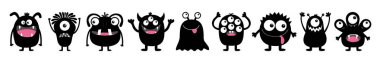 Monster siyah yuvarlak siluet simge seti hattı. Cadılar Bayramınız Kutlu Olsun. Gözler, dil, diş dişi, eller yukarı. Sevimli karikatür Kawaii korkutucu komik bebek karakter. Beyaz arka plan. Düz tasarım.