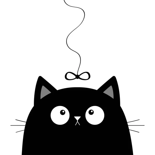 Black cat head face looking at bow hanging on thread. Cute cartoon funny character. Kawaii animal. Playing game.Pet baby collection Greeting card. Flat design White background. — Stock Vector