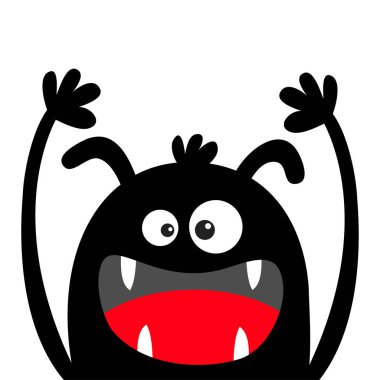 Canavar kafa siyah siluet. Cadılar Bayramınız Kutlu Olsun. İki göz, kulak, diş dişi, dil, eller yukarı. Sevimli karikatür Kawaii komik karakter. Bebek çocukları koleksiyonu. Düz tasarım. Beyaz arka plan.