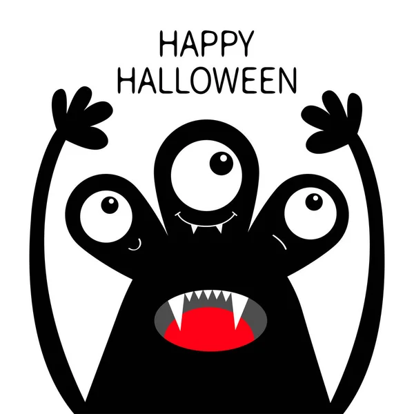Happy Halloween. Monster head black silhouette. Three eyes, teeth fang, tongue, hands up . Cute cartoon kawaii funny character. Baby kids collection. Flat design. White background. — Stock Vector