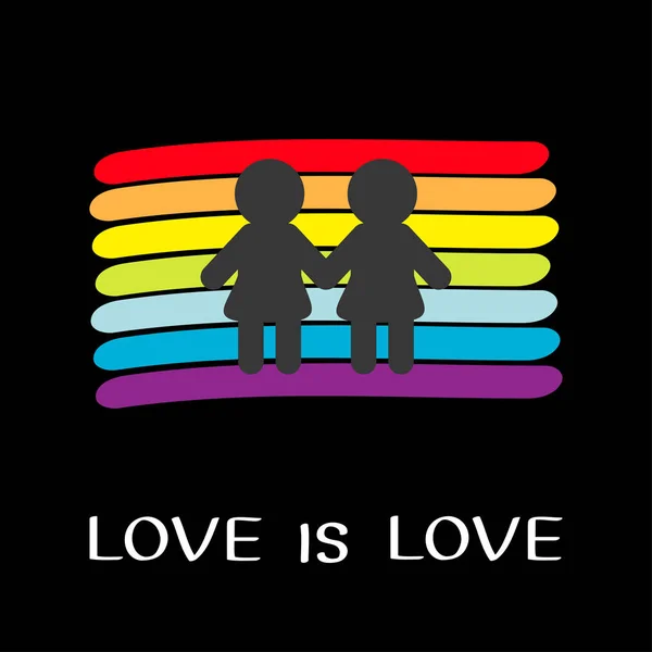 Rainbow flag backdrop. LGBT gay symbol. Love is love text quote. Two woman marriage sign. Colorful line set. Flat design. Black background. — Stock Vector