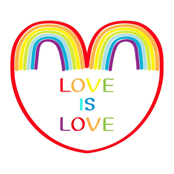 Twee ainbow ingesteld op witte achtergrond. Rode haert. Kleurrijke lijn set. Wenskaart. Liefde is liefde tekst citaat. LGBT-gemeenschap. Plat ontwerp. — Stockvector