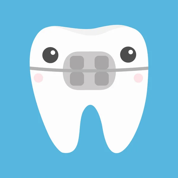 Icono de frenos de dientes blancos. Lindo personaje de dibujos animados kawaii cara divertida. Abróchate los dientes. Higiene dental oral. Cuidado de dientes de niños. Diseño plano. Fondo azul . — Archivo Imágenes Vectoriales