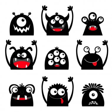 Cadılar Bayramınız Kutlu Olsun. Canavar simgesi seti. Siyah siluet baş yüz. Gözler, dil, diş dişleri, eller yukarı. Sevimli karikatür kawaii korkunç komik bebek karakteri. Beyaz arka plan. Düz tasarım.