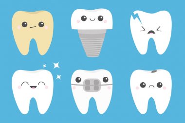 Diş simgesi seti. Kırık, kırık, sağlıklı sarı beyaz diş implant protezi, diş telleri. Sevimli karikatür kawaii karakter. Parlayan yıldız. Ağız diş hijyeni. Bebek arka planı. Düz tasarım